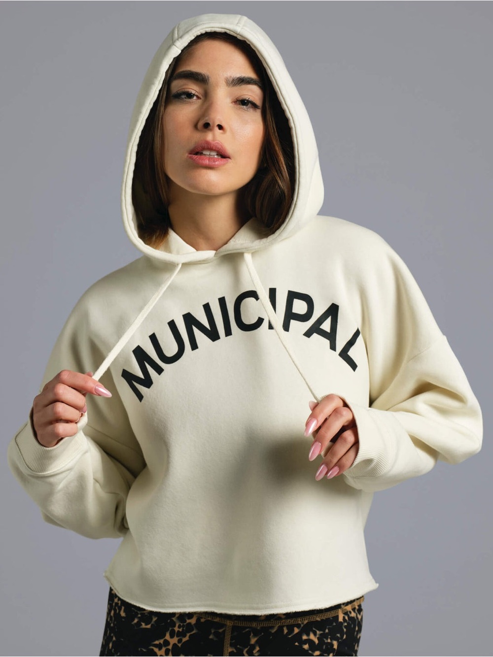 MUNICIPAL Womens Origin Hoodie Cropped White Fleece Sweatshirt Sweater Size S